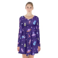 Space Seamless Pattern Long Sleeve Velvet V-neck Dress