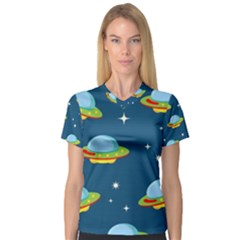 Seamless Pattern Ufo With Star Space Galaxy Background V-Neck Sport Mesh Tee