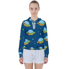 Seamless Pattern Ufo With Star Space Galaxy Background Women s Tie Up Sweat by Vaneshart