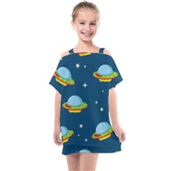 Seamless Pattern Ufo With Star Space Galaxy Background Kids  One Piece Chiffon Dress by Vaneshart