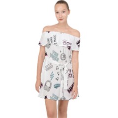 Music Themed Doodle Seamless Background Off Shoulder Chiffon Dress by Vaneshart