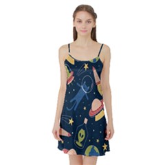 Seamless Pattern With Funny Aliens Cat Galaxy Satin Night Slip