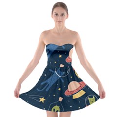 Seamless Pattern With Funny Aliens Cat Galaxy Strapless Bra Top Dress by Vaneshart