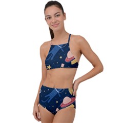 Seamless Pattern With Funny Aliens Cat Galaxy High Waist Tankini Set