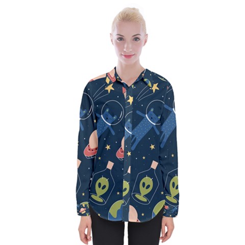 Seamless Pattern With Funny Aliens Cat Galaxy Womens Long Sleeve Shirt by Vaneshart