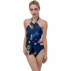 Seamless Pattern With Funny Aliens Cat Galaxy Go With The Flow One Piece Swimsuit