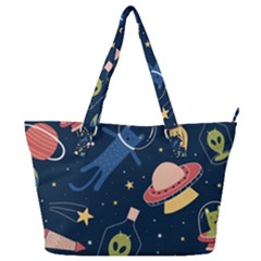 Seamless Pattern With Funny Aliens Cat Galaxy Full Print Shoulder Bag by Vaneshart