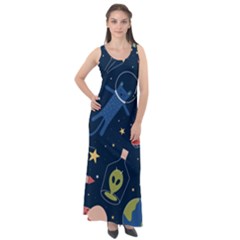 Seamless Pattern With Funny Aliens Cat Galaxy Sleeveless Velour Maxi Dress by Vaneshart