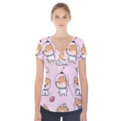 Set Kawaii Smile Japanese Dog Cartoon Short Sleeve Front Detail Top by Vaneshart