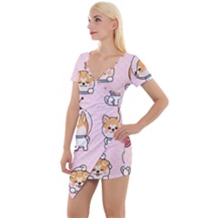 Set Kawaii Smile Japanese Dog Cartoon Short Sleeve Asymmetric Mini Dress by Vaneshart