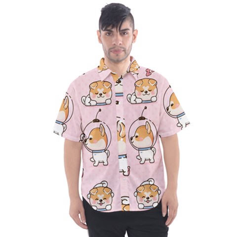 Set Kawaii Smile Japanese Dog Cartoon Men s Short Sleeve Shirt by Vaneshart