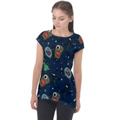 Monster Alien Pattern Seamless Background Cap Sleeve High Low Top