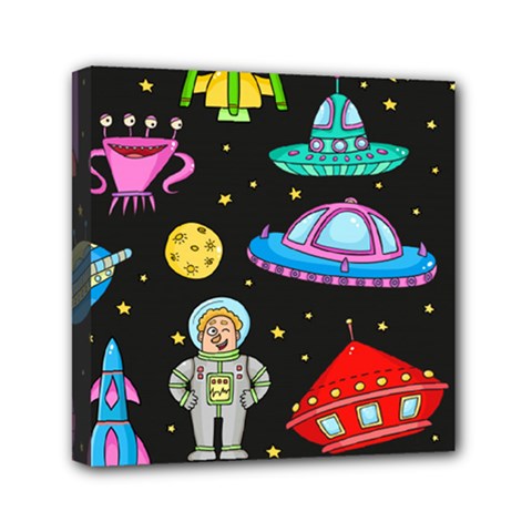 Seamless Pattern With Space Objects Ufo Rockets Aliens Hand Drawn Elements Space Mini Canvas 6  X 6  (stretched) by Vaneshart