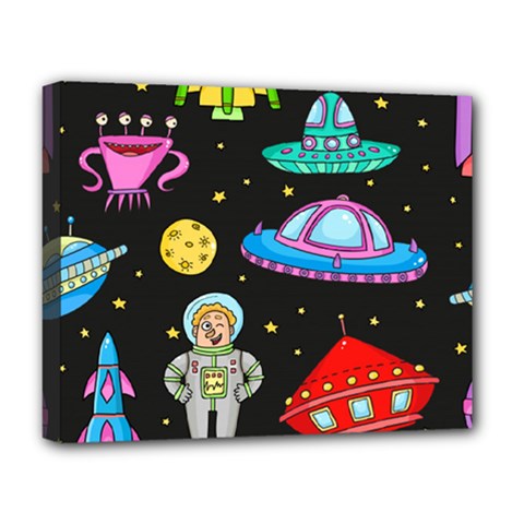 Seamless Pattern With Space Objects Ufo Rockets Aliens Hand Drawn Elements Space Deluxe Canvas 20  X 16  (stretched) by Vaneshart