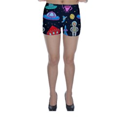 Seamless Pattern With Space Objects Ufo Rockets Aliens Hand Drawn Elements Space Skinny Shorts by Vaneshart