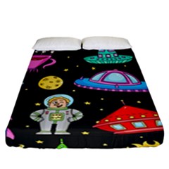 Seamless Pattern With Space Objects Ufo Rockets Aliens Hand Drawn Elements Space Fitted Sheet (california King Size) by Vaneshart