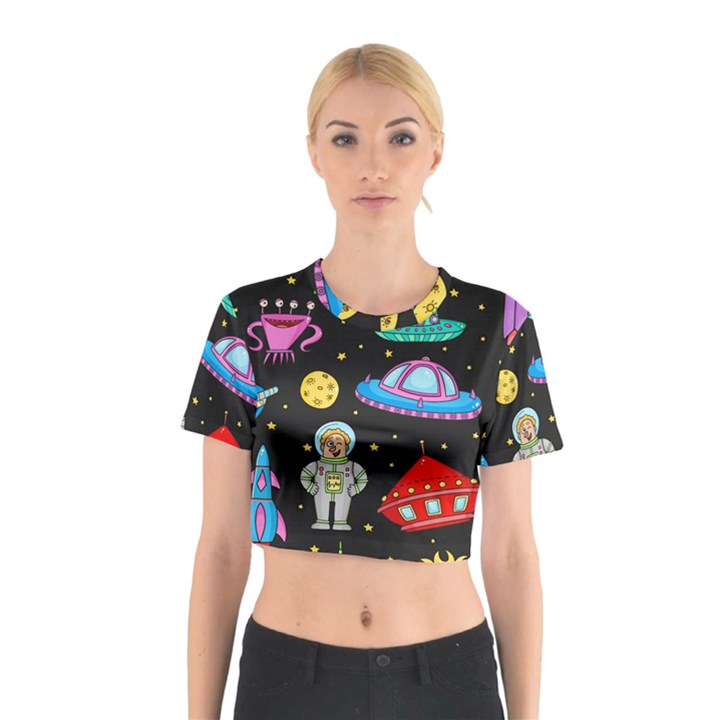 Seamless Pattern With Space Objects Ufo Rockets Aliens Hand Drawn Elements Space Cotton Crop Top