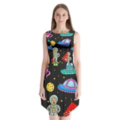 Seamless Pattern With Space Objects Ufo Rockets Aliens Hand Drawn Elements Space Sleeveless Chiffon Dress  