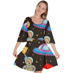 Seamless Pattern With Space Objects Ufo Rockets Aliens Hand Drawn Elements Space Velour Kimono Dress by Vaneshart