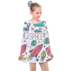 Space Cosmos Seamless Pattern Seamless Pattern Doodle Style Kids  Long Sleeve Dress by Vaneshart