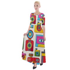 Retro Cameras Audio Cassettes Hand Drawn Pop Art Style Seamless Pattern Half Sleeves Maxi Dress