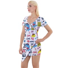 Monster Cool Seamless Pattern Short Sleeve Asymmetric Mini Dress by Vaneshart