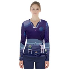 Alien Astronaut Scene V-neck Long Sleeve Top