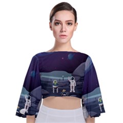 Alien Astronaut Scene Tie Back Butterfly Sleeve Chiffon Top by Vaneshart