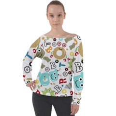 Seamless Pattern Vector With Funny Robots Cartoon Off Shoulder Long Sleeve Velour Top