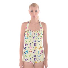 Seamless Pattern Musical Note Doodle Symbol Boyleg Halter Swimsuit  by Vaneshart