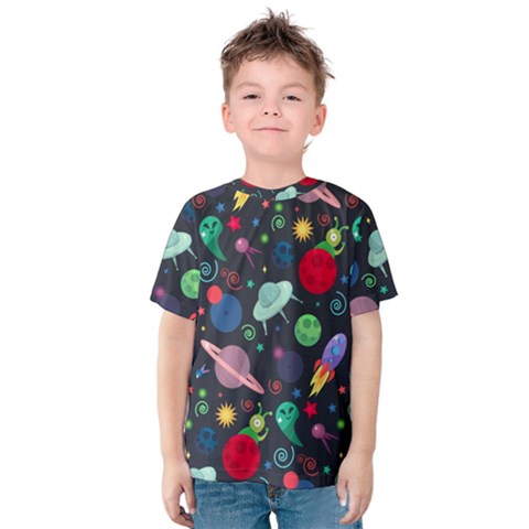 Cosmos Ufo Concept Seamless Pattern Kids  Cotton Tee by Vaneshart