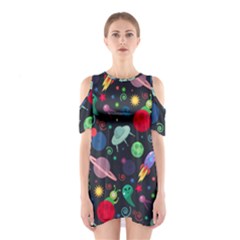 Cosmos Ufo Concept Seamless Pattern Shoulder Cutout One Piece Dress by Vaneshart