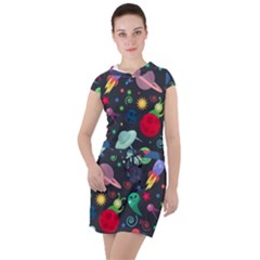 Cosmos Ufo Concept Seamless Pattern Drawstring Hooded Dress by Vaneshart