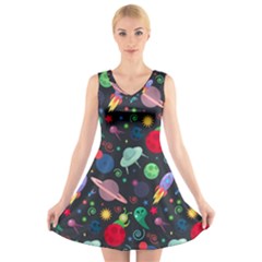 Cosmos Ufo Concept Seamless Pattern V-neck Sleeveless Dress