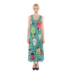 Seamless Pattern With Funny Monsters Cartoon Hand Drawn Characters Unusual Creatures Sleeveless Maxi Dress