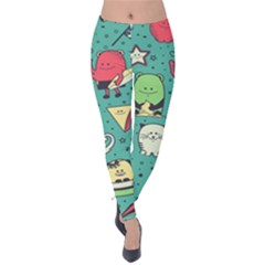 Seamless Pattern With Funny Monsters Cartoon Hand Drawn Characters Unusual Creatures Velvet Leggings by Vaneshart