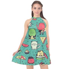 Seamless Pattern With Funny Monsters Cartoon Hand Drawn Characters Unusual Creatures Halter Neckline Chiffon Dress  by Vaneshart