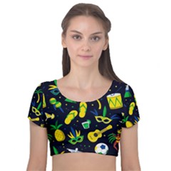 Seamless Brazilian Carnival Pattern With Musical Instruments Velvet Short Sleeve Crop Top  by Vaneshart