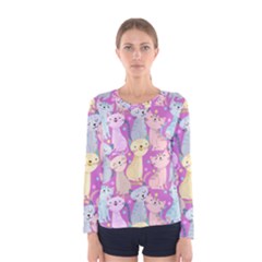 Colorful Cute Cat Seamless Pattern Purple Background Women s Long Sleeve Tee