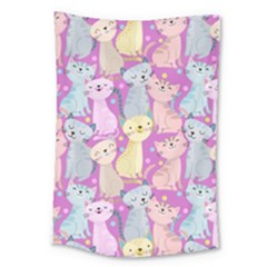 Colorful Cute Cat Seamless Pattern Purple Background Large Tapestry
