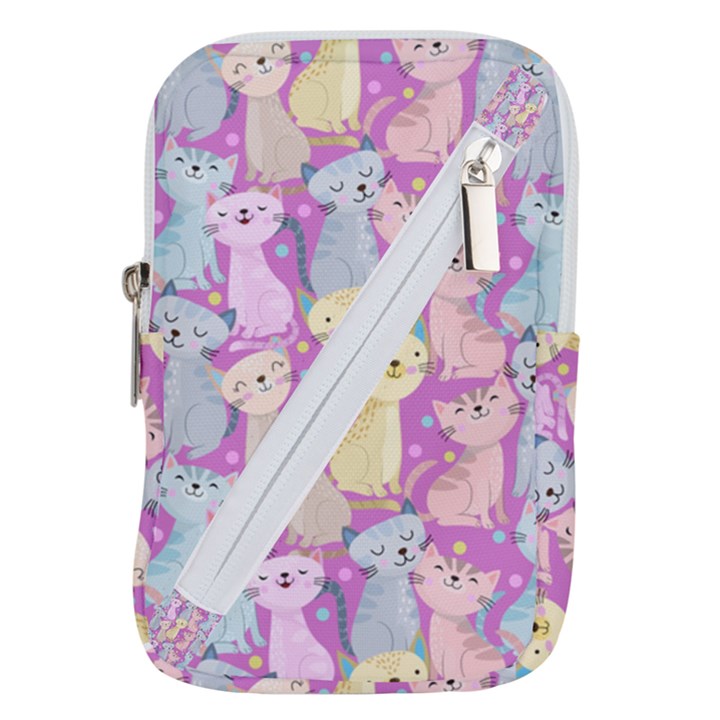 Colorful Cute Cat Seamless Pattern Purple Background Belt Pouch Bag (Large)