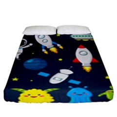 Big Set Cute Astronauts Space Planets Stars Aliens Rockets Ufo Constellations Satellite Moon Rover V Fitted Sheet (king Size)