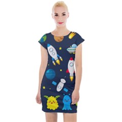 Big Set Cute Astronauts Space Planets Stars Aliens Rockets Ufo Constellations Satellite Moon Rover V Cap Sleeve Bodycon Dress by Vaneshart