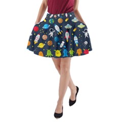 Big Set Cute Astronauts Space Planets Stars Aliens Rockets Ufo Constellations Satellite Moon Rover V A-line Pocket Skirt