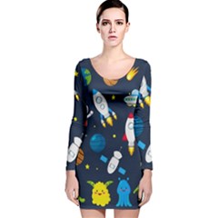 Big Set Cute Astronauts Space Planets Stars Aliens Rockets Ufo Constellations Satellite Moon Rover V Long Sleeve Velvet Bodycon Dress