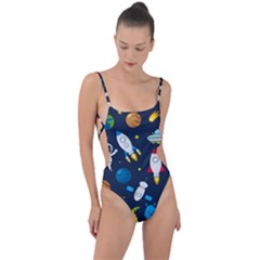 Big Set Cute Astronauts Space Planets Stars Aliens Rockets Ufo Constellations Satellite Moon Rover V Tie Strap One Piece Swimsuit by Vaneshart