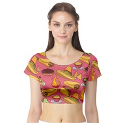 Seamless Pattern Mexican Food Hat Traditional Short Sleeve Crop Top by Vaneshart