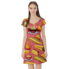 Seamless Pattern Mexican Food Hat Traditional Short Sleeve Skater Dress by Vaneshart