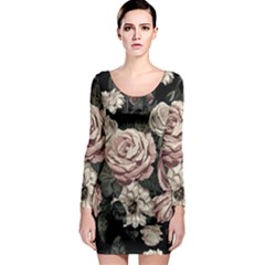 Elegant Seamless Pattern Blush Toned Rustic Flowers Long Sleeve Bodycon Dress