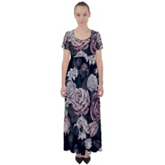 Elegant Seamless Pattern Blush Toned Rustic Flowers High Waist Short Sleeve Maxi Dress